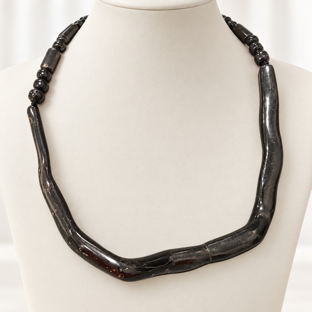 Vintage Sculptural Faux Wood Look Acrylic Necklace Dark Lightweight Statement